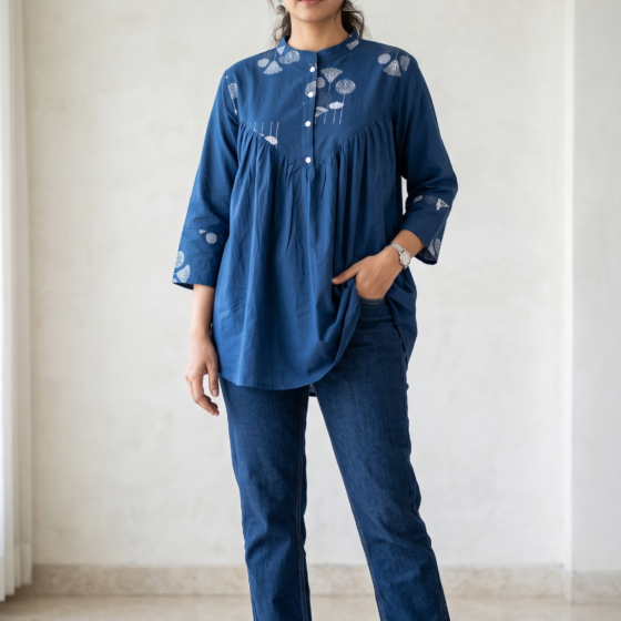 Indigo Blue Cotton Short Kurti with White Floral Print and Soft Pleats