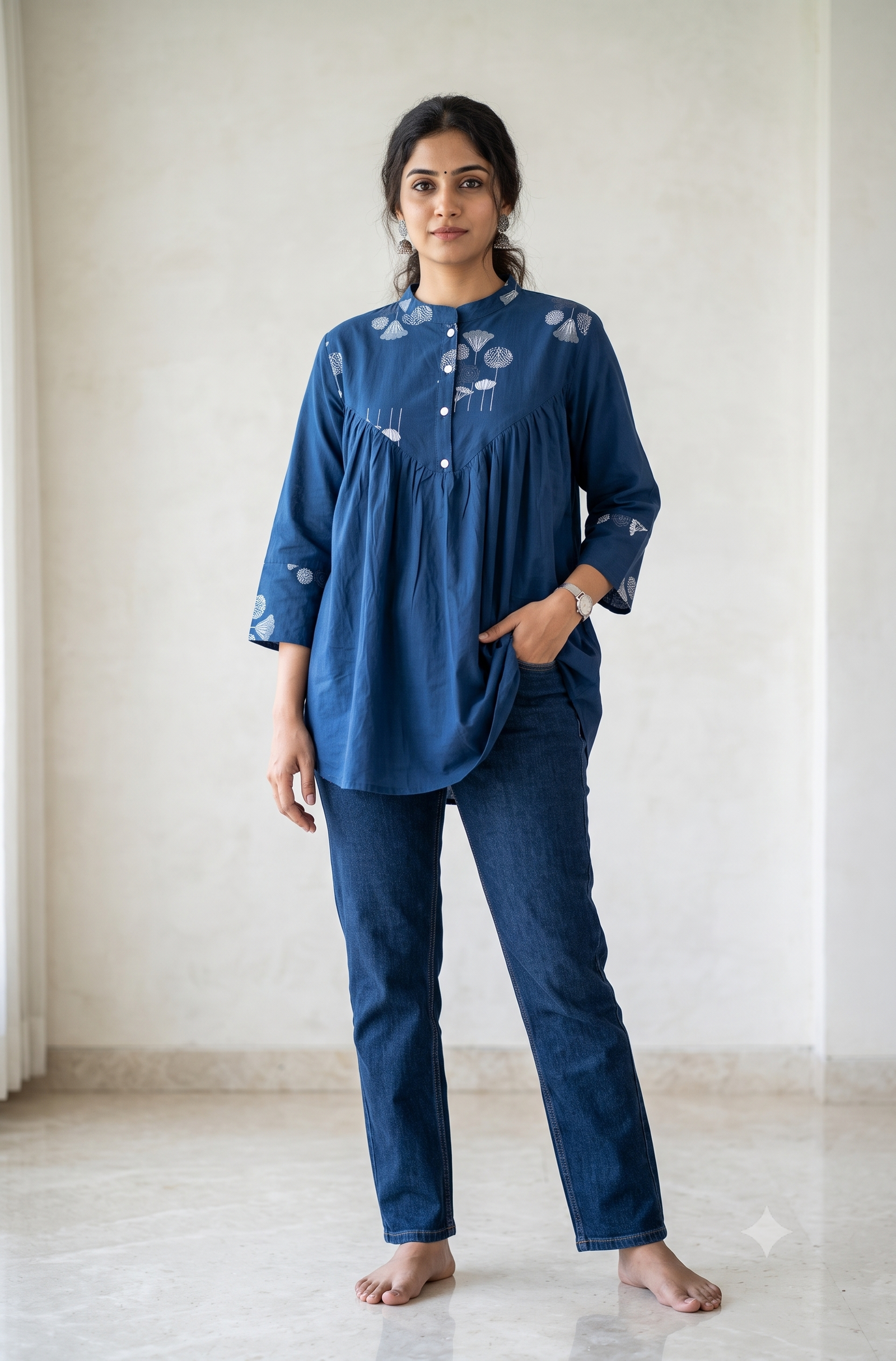 Indigo Blue Cotton Short Kurti with White Floral Print and Soft Pleats