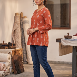 New Arrivals Rust Orange Jaipur Cotton Short Kurti with White Block Print and Front Pleats