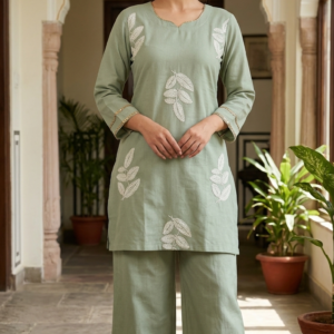 New Arrivals Sage Green Cotton Co-ord Set with Kurti and Wide-Leg Palazzo Pants