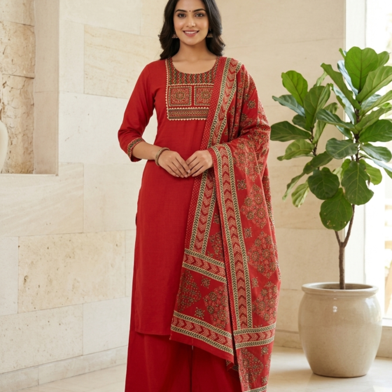 Brick Red Jaipur Cotton Kurti Palazzo Set with Printed Dupatta and Printed Yoke