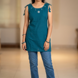 New Arrivals Teal Blue Cotton Sleeveless Short Kurti with Shoulder Tie-Ups and Mirror Work