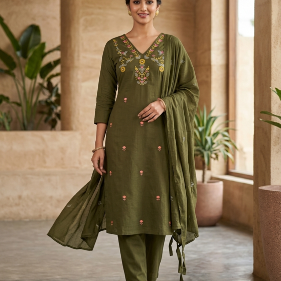 Olive Green Embroidered Cotton Kurti Pant Dupatta Set