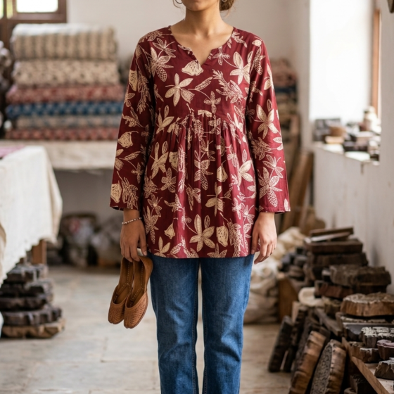 Maroon Red Jaipur Cotton Short Kurti with Beige Floral Block Print