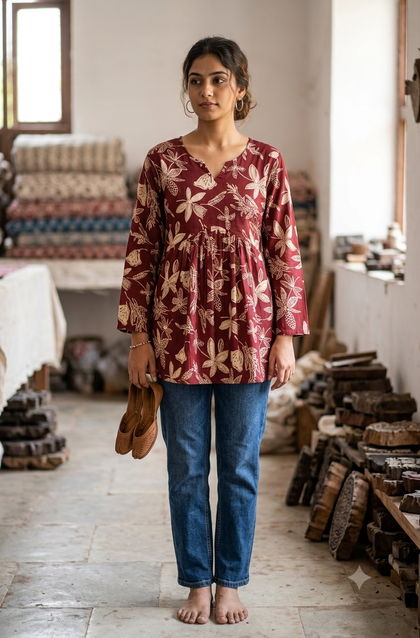 Maroon Red Jaipur Cotton Short Kurti with Beige Floral Block Print