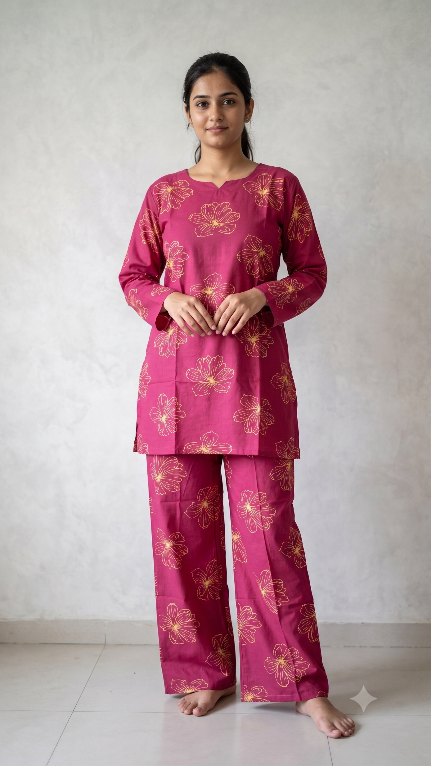 Magenta Pink Cotton Floral Printed Co-Ord Set (Kurti and Palazzo)