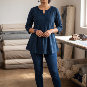 New Arrivals Indigo Blue Jaipur Cotton Short Kurti with Pintuck Yoke and Pleats