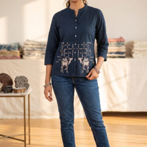 Indigo Navy Blue Jaipur Cotton Short Kurti with Embroidered Camel Motifs