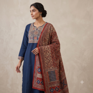 New Arrivals Indigo Navy Blue Jaipur Cotton Kurti Pant Dupatta Set with Traditional Block Print