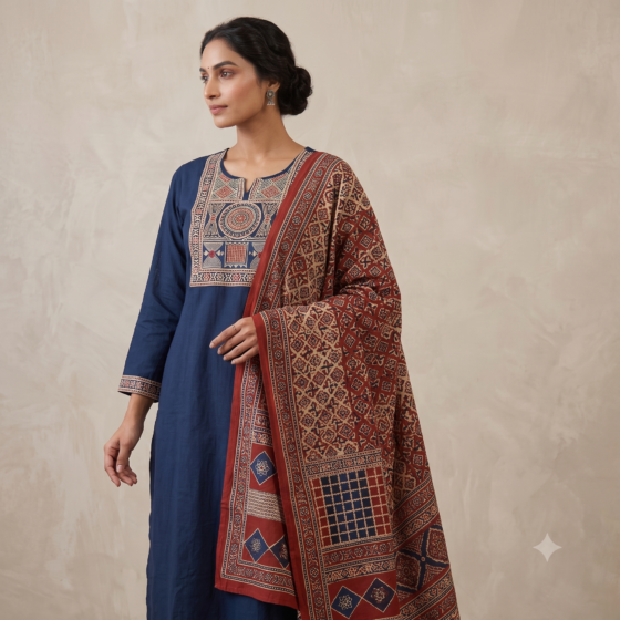 Indigo Navy Blue Jaipur Cotton Kurti Pant Dupatta Set with Traditional Block Print