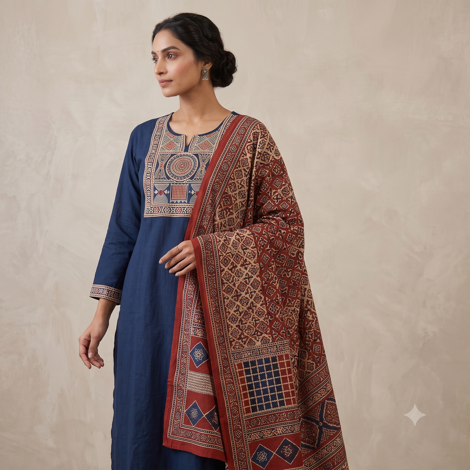 Indigo Navy Blue Jaipur Cotton Kurti Pant Dupatta Set with Traditional Block Print