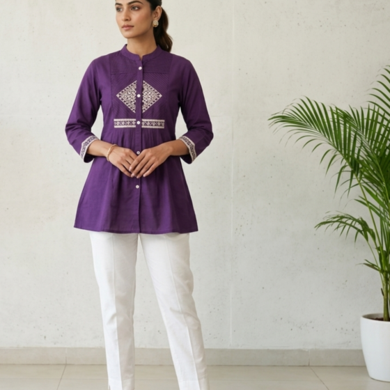 Deep Purple Cotton Short Kurti with Intricate Yoke Embroidery