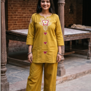 New Arrivals Mustard Yellow Cotton Co-ord Set with Embroidered Kurti and Palazzo Pants