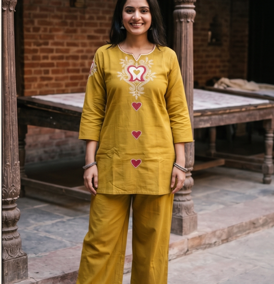 Mustard Yellow Cotton Co-ord Set with Embroidered Kurti and Palazzo Pants