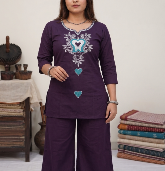Deep Purple Cotton Co-ord Set with Embroidered Kurti and Palazzo Pants