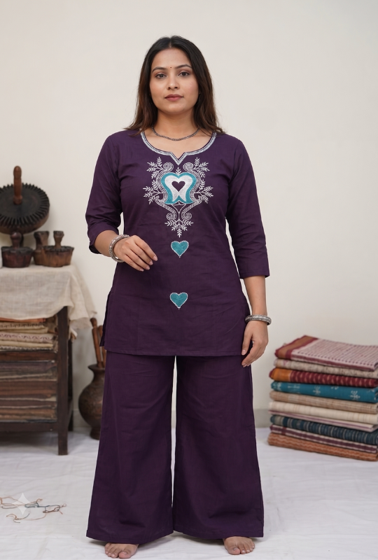 Deep Purple Cotton Co-ord Set with Embroidered Kurti and Palazzo Pants