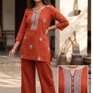 Collections Rust Orange Cotton Co-ord Set with Embroidered Kurti and Palazzo Pants