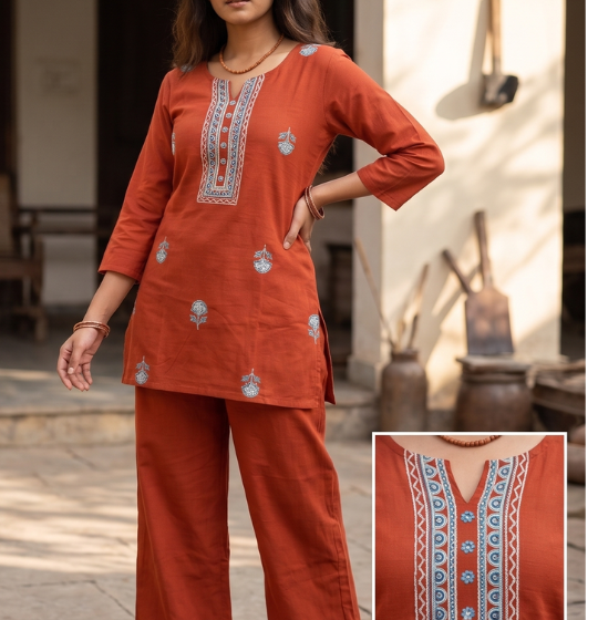 Rust Orange Cotton Co-ord Set with Embroidered Kurti and Palazzo Pants
