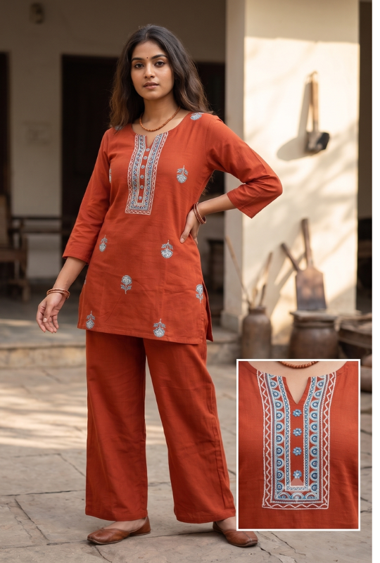 Rust Orange Cotton Co-ord Set with Embroidered Kurti and Palazzo Pants