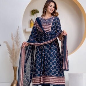 New Arrivals Indigo Blue Jaipur Cotton Anarkali Kurti Pant Dupatta Set with Traditional Block Print