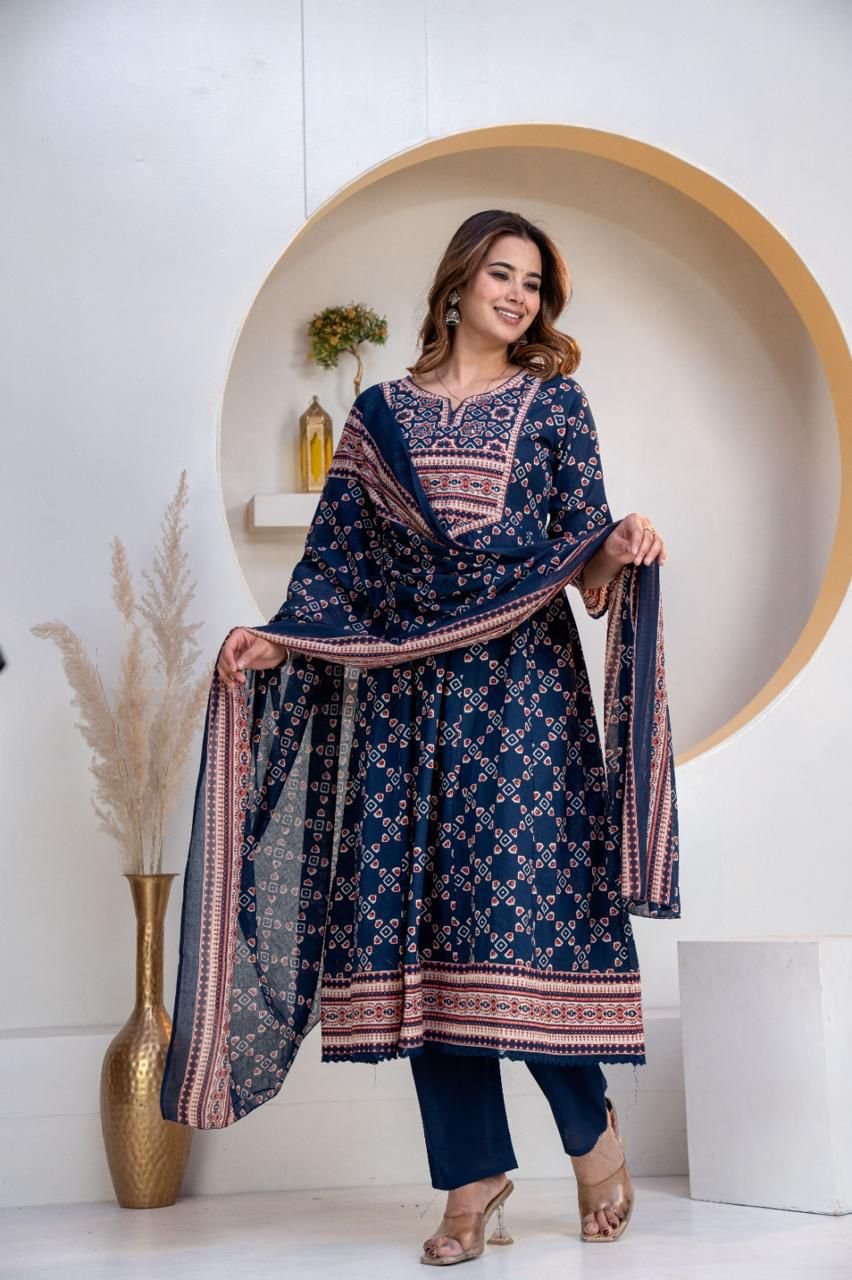 Indigo Blue Jaipur Cotton Anarkali Kurti Pant Dupatta Set with Traditional Block Print