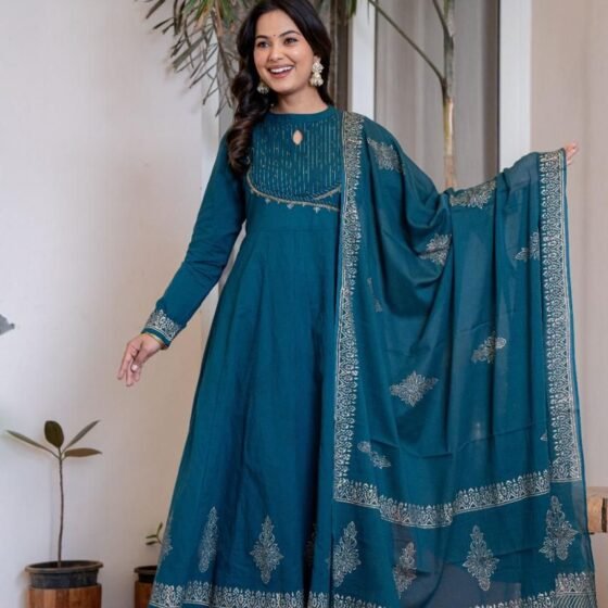 Festive Teal Blue Cotton Anarkali Kurta Set with Hand Work Yoke and Gold Block Print