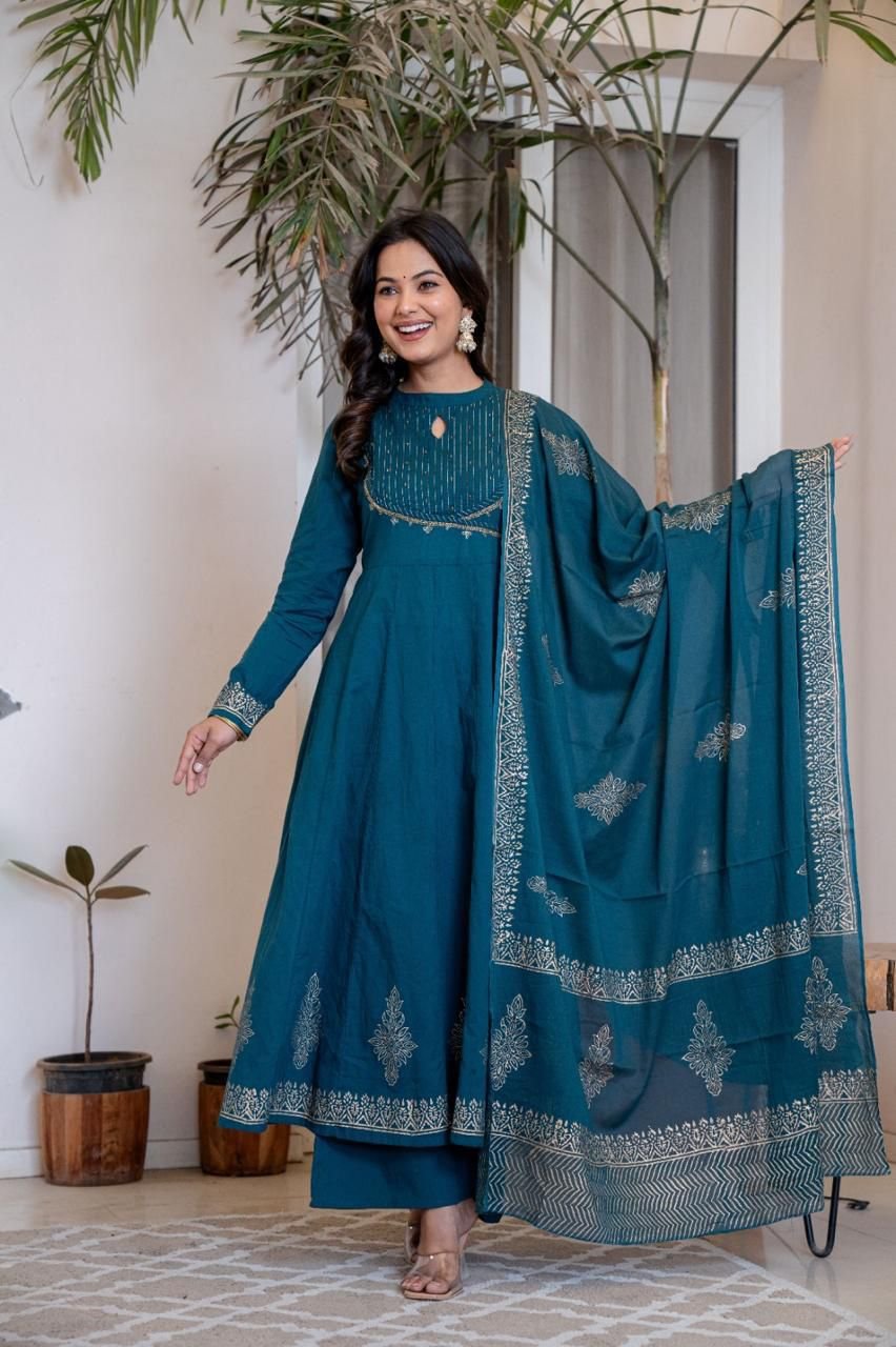 Festive Teal Blue Cotton Anarkali Kurta Set with Hand Work Yoke and Gold Block Print