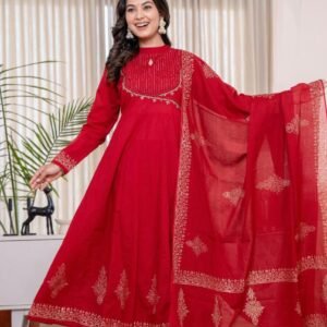 New Arrivals Festive Red Cotton Anarkali Kurta Set with Hand Work Yoke and Gold Block Print