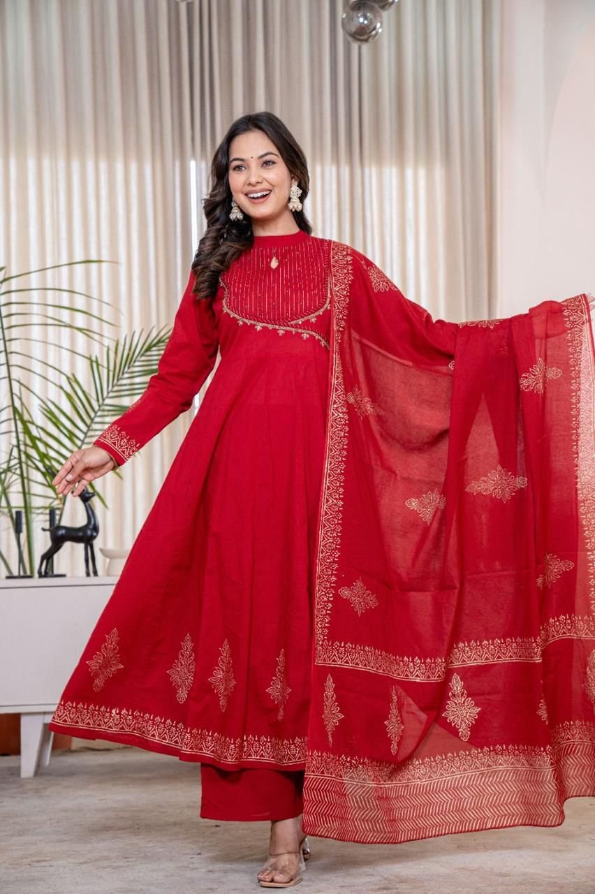 Festive Red Cotton Anarkali Kurta Set with Hand Work Yoke and Gold Block Print