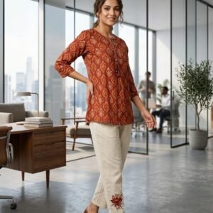 New Arrivals Rust Ikat Printed Cotton Co-ord Set with Embroidered Pants