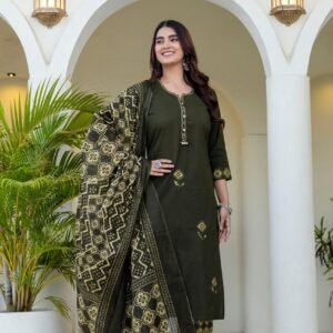 New Arrivals Olive Green Premium Cotton 3-Piece Kurta Pant Dupatta Set