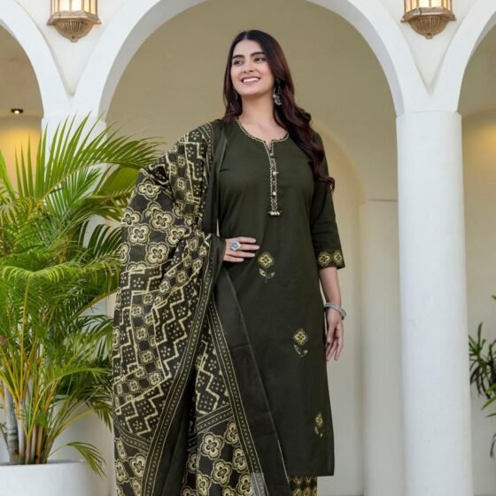 Olive Green Premium Cotton 3-Piece Kurta Pant Dupatta Set