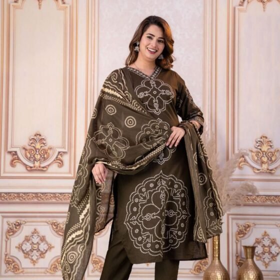 Dark Brown Bandhani Print Pure Cotton Kurti Pant Dupatta Set