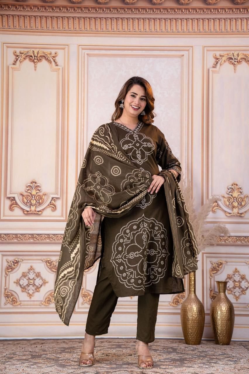 Dark Brown Bandhani Print Pure Cotton Kurti Pant Dupatta Set