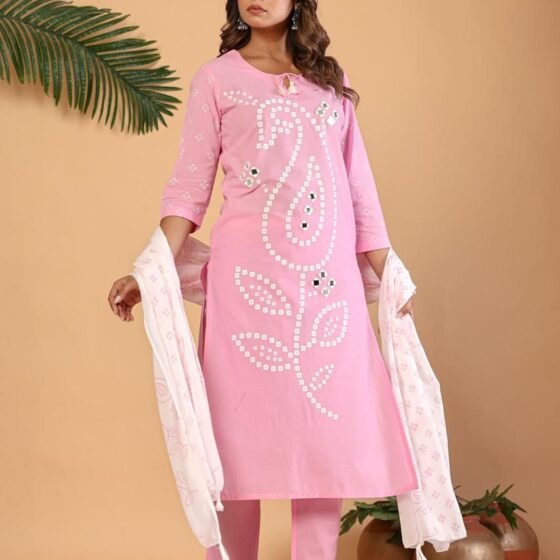 Pink cotton kurti set for women with printed dupatta and matching bottom. Comfortable, breathable, and stylish ethnic wear for daily, office, and casual use.