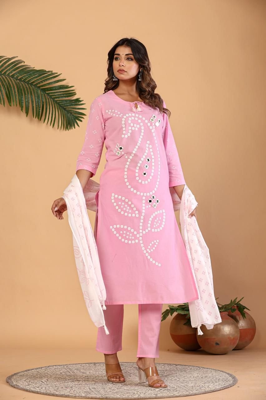 Pink cotton kurti set for women with printed dupatta and matching bottom. Comfortable, breathable, and stylish ethnic wear for daily, office, and casual use.