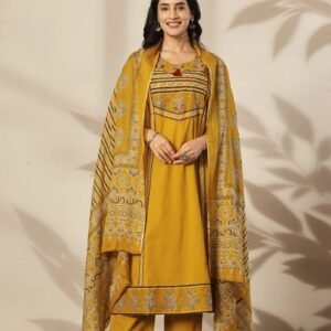 New Arrivals Mustard Yellow Jaipur Cotton Kurti Pant Dupatta Set with Traditional Printed Yoke