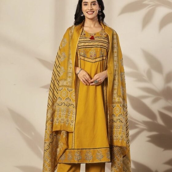 Mustard Yellow Jaipur Cotton Kurti Pant Dupatta Set with Traditional Printed Yoke
