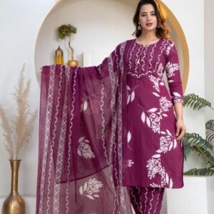 New Arrivals Plum Wine Jaipur Cotton Kurti Pant Dupatta Set with Floral Block Print