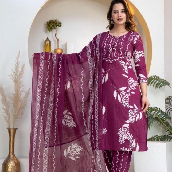 Plum Wine Jaipur Cotton Kurti Pant Dupatta Set with Floral Block Print