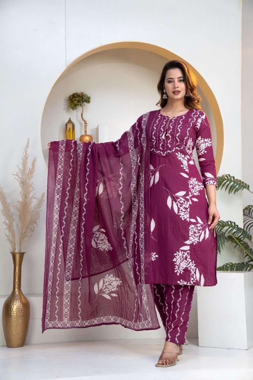 Plum Wine Jaipur Cotton Kurti Pant Dupatta Set with Floral Block Print