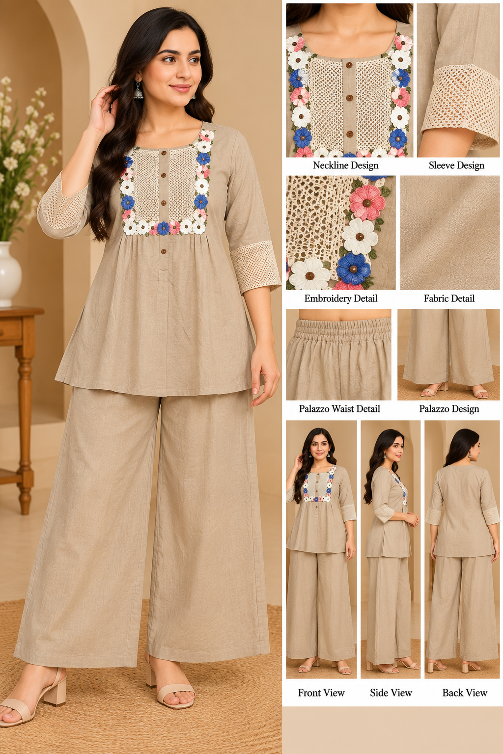 Woman wearing beige short kurti and wide-leg palazzo co-ord set with multicoloured floral yoke detailing.