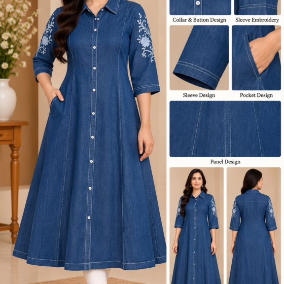 Woman wearing blue A-line denim shirt dress with white floral embroidery on three-quarter sleeves, shirt collar, front button detailing, side pockets and flared midi-length silhouette.