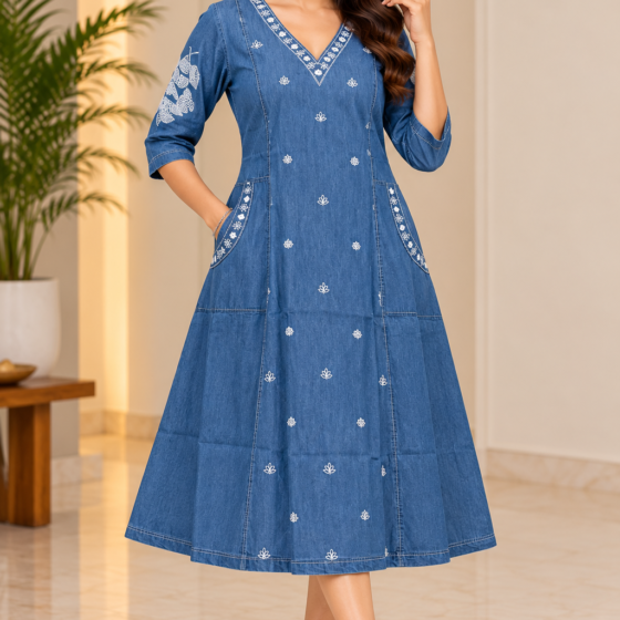 Woman wearing blue A-line denim dress with white floral embroidery, V-neckline, three-quarter sleeves and embroidered side pockets.
