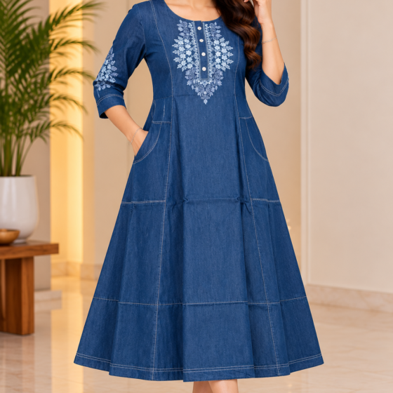 Woman wearing a blue A-line denim dress with light blue floral embroidery on the neckline and sleeves, three-quarter sleeves, side pockets and a flared midi-length silhouette.