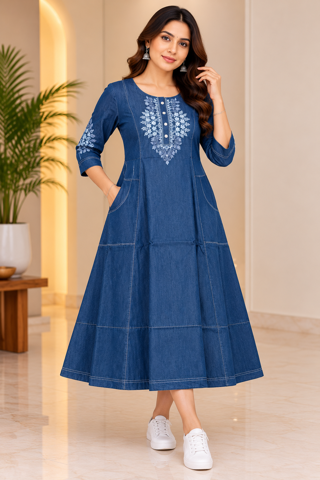 Woman wearing a blue A-line denim dress with light blue floral embroidery on the neckline and sleeves, three-quarter sleeves, side pockets and a flared midi-length silhouette.