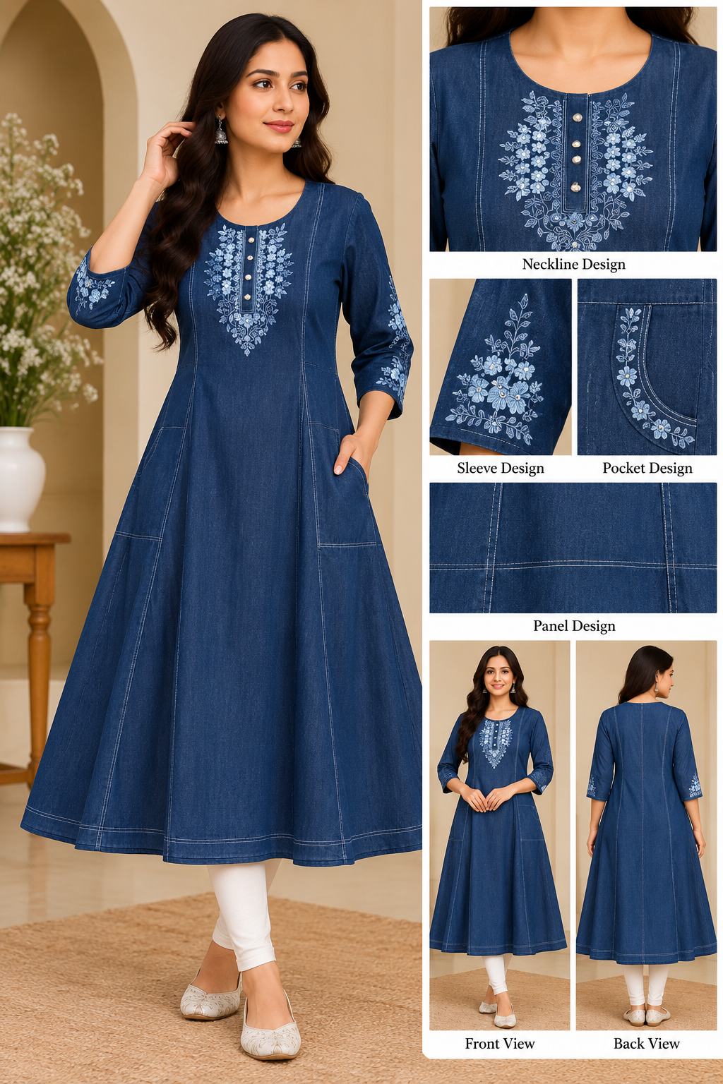 Woman wearing a blue A-line denim dress with light blue floral embroidery on the neckline and sleeves, three-quarter sleeves, side pockets and a flared midi-length silhouette.