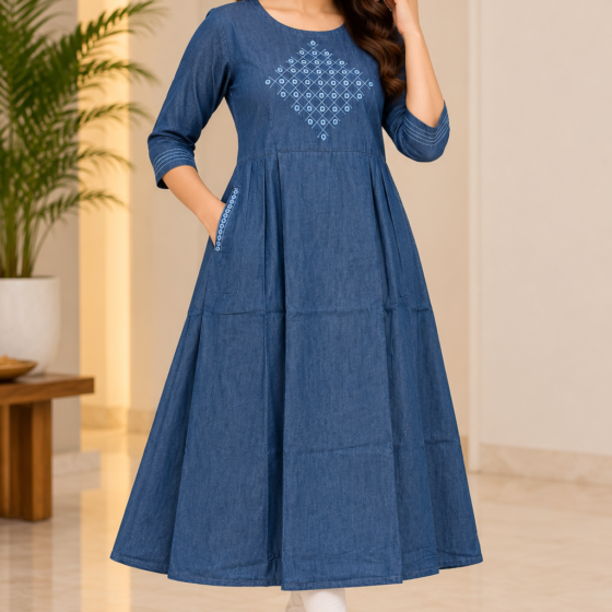 Woman wearing blue A-line denim kurti with geometric embroidery, three-quarter sleeves and side pockets.