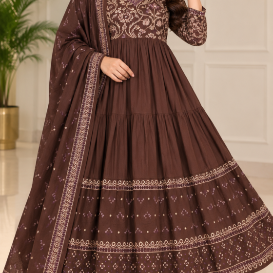 brown anarkali set, chocolate brown anarkali, jaipuri cotton anarkali, 60.60 cotton suit, tiered anarkali dress, festive anarkali pant set, M to 3XL anarkali, navratri collection, diwali ethnic wear, long flare anarkali, printed anarkali dupatta set, vadodara boutique