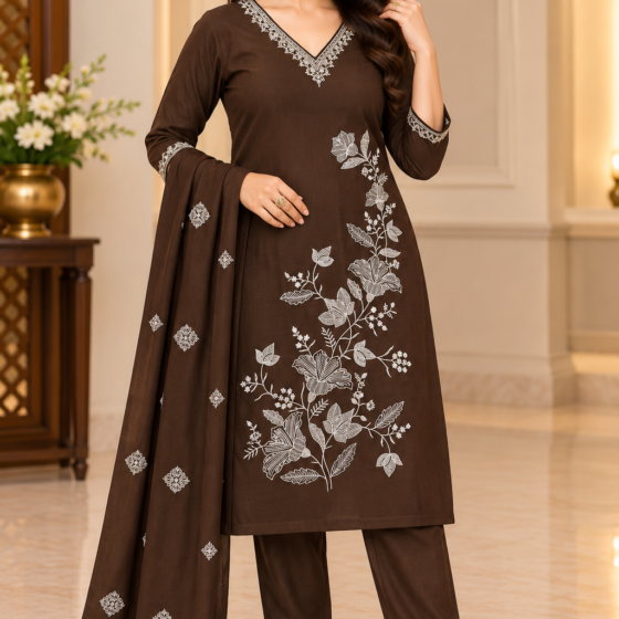 Mahika Vine – Brown Plus Size Party Wear Kurti Pant Set with Dupatta